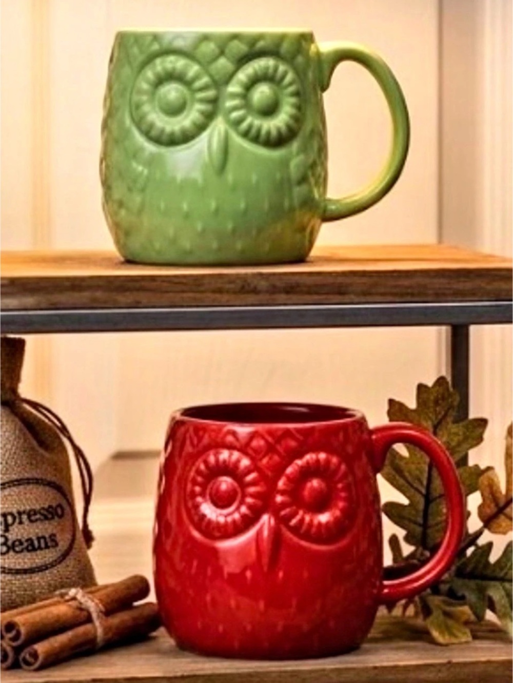 Home Essentials Embossed Owl Mug Set Green & Red